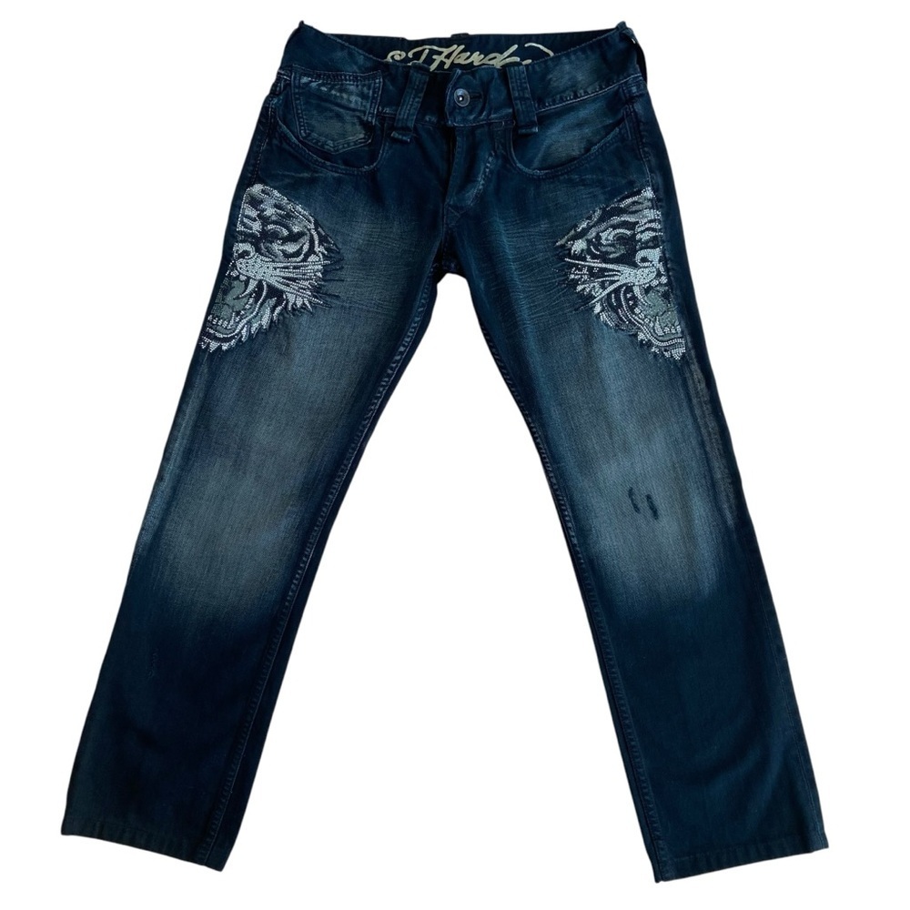 Ed Hardy black jeans button fly stunning artwork beaded tiger design size 34